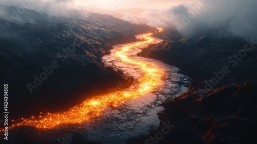 Fiery river winding through a valley