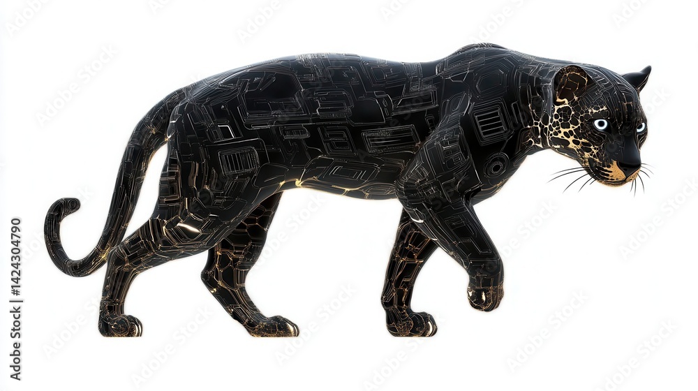 Obraz premium A futuristic, cybernetic panther design with intricate golden circuits.