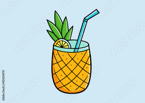 Tropical pineapple cocktail cartoon illustration isolated on light blue background fresh summer drink