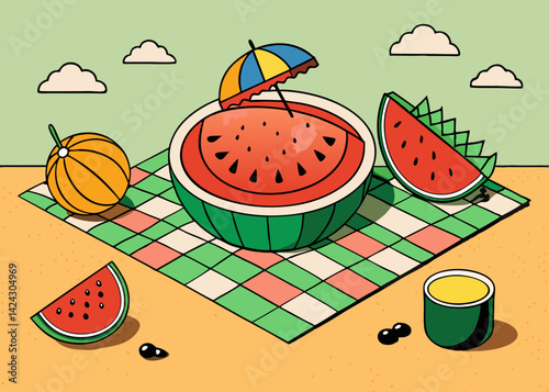 Summer picnic still life with watermelon and melon on checkered blanket