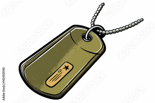 Stylized military dog tag with chain and star symbol isolated on white