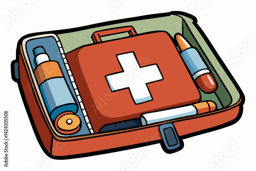Cartoon first aid kit with medicine and supplies vector illustration