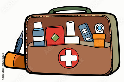 Cartoon first aid kit with medical supplies illustration vector design