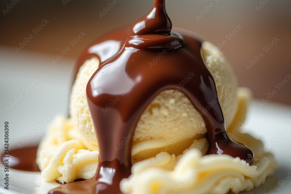 Delicious vanilla ice cream with rich chocolate sauce