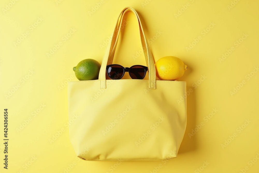 Yellow bag with lemons sunglasses on solid background