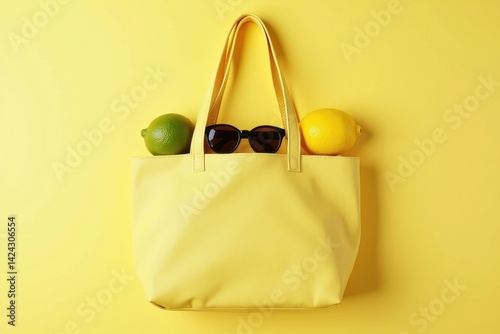 Obraz na płótnie Yellow bag with lemons sunglasses on solid background w salonie