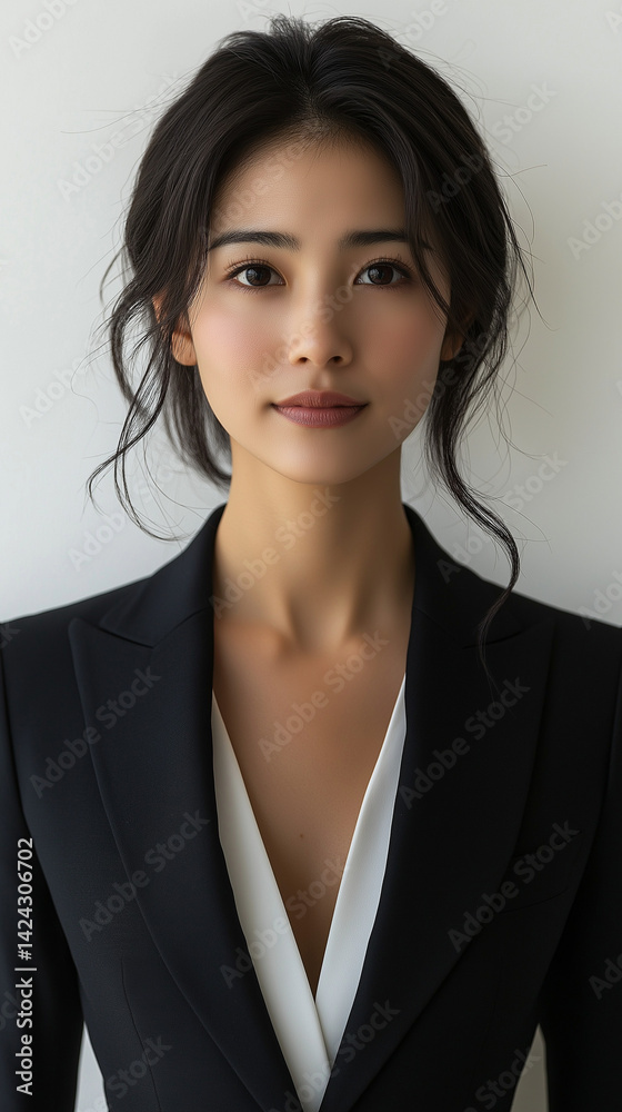 A professional business woman in a dark suit jacket with plain background. She is Asian with dark hair and is smiling.
