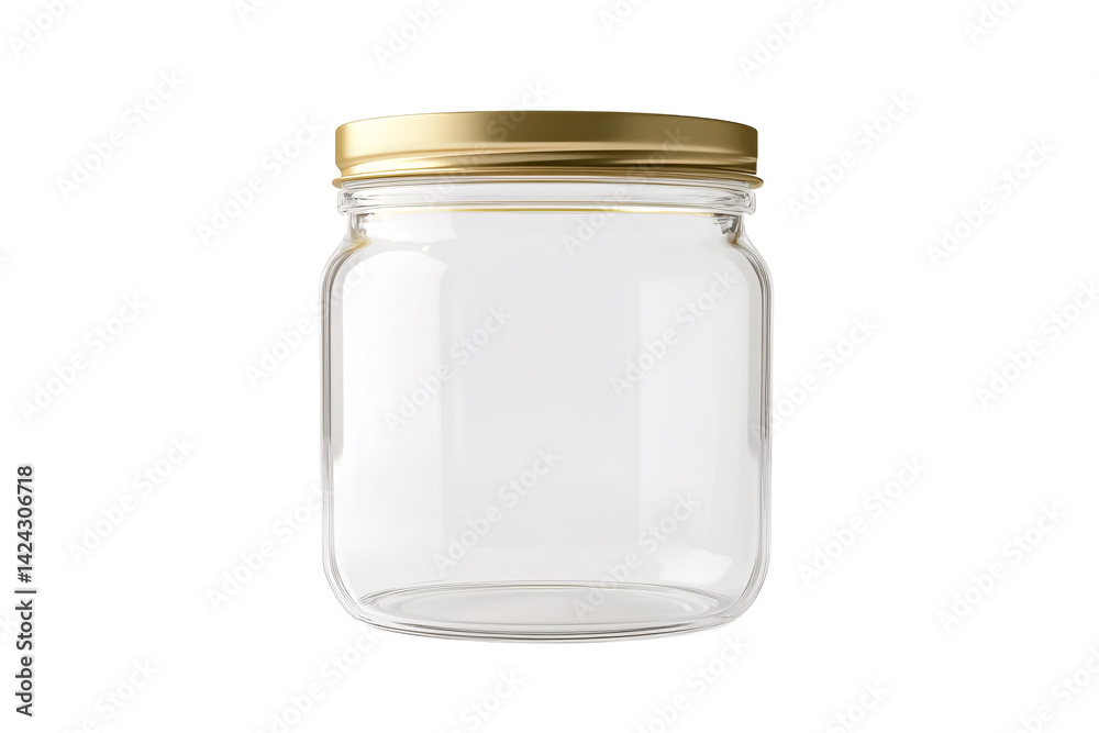 A pristine empty glass jar with a gleaming gold lid, ready for preserving summer's bounty or holding cherished mementos, a symbol of potential and simple elegance against a clean white background. A pristine empty glass jar with a gleaming gold lid, ready for preserving summer's bounty or holding cherished mementos, a symbol of potential and simple elegance against a clean white background.