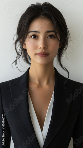 Obraz na płótnie A professional business woman in a dark suit jacket with plain background. She is Asian with dark hair and is smiling. w salonie