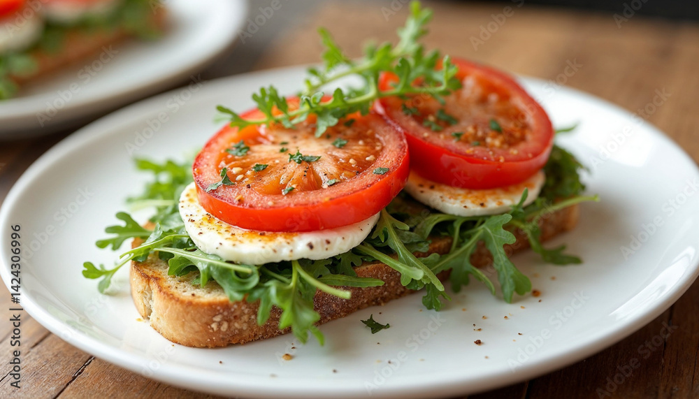 Toasted sandwich with salmon, tomato, mozzarella and arugula resting on white plate Toasted sandwich with salmon, tomato, mozzarella and arugula resting on white plate