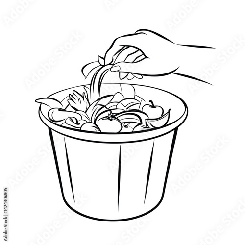 Hand composting food waste illustration for promoting environmental sustainability and organic recycling practices in a responsible manner