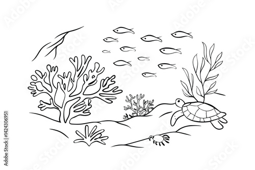 Undersea life featuring sea turtle fishes and corals simple black and white outlines for coloring book