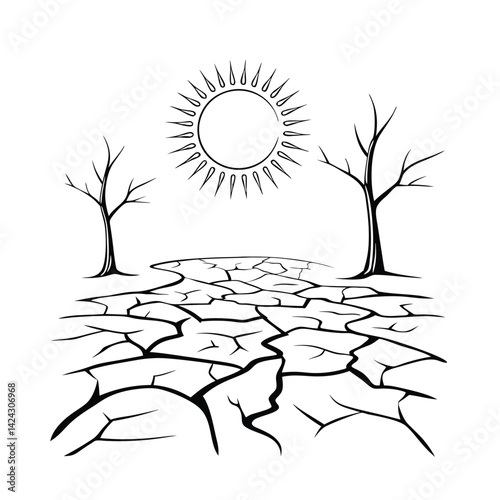 Dry land illustration with cracked earth barren trees and shining sun in black and white outline style