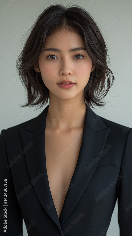 A professional business woman in a dark suit jacket with plain background. She is Asian with dark hair and is smiling.