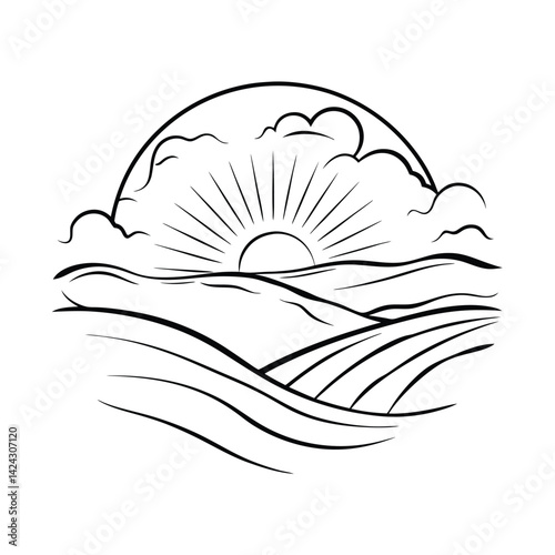 Sunrise over rolling hills minimalist line art black and white landscape peaceful farm fields illustration