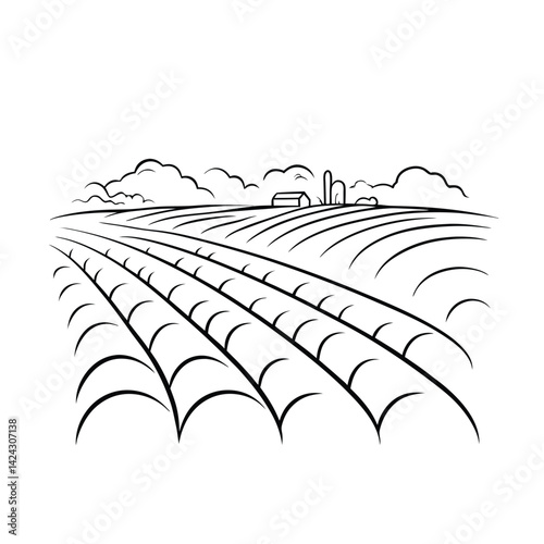 Minimalist illustration of a farm field with clouds and farmhouse in the distance black and white outline style