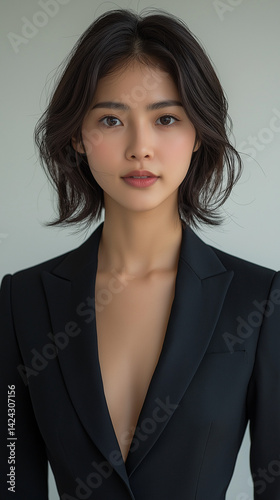 Obraz na płótnie A professional business woman in a dark suit jacket with plain background. She is Asian with dark hair and is smiling. w salonie