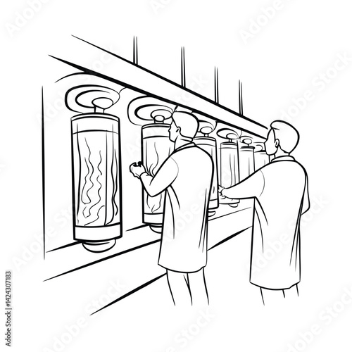 Outline illustration of two scientists observing reactor vessels in a laboratory setting for science experiment