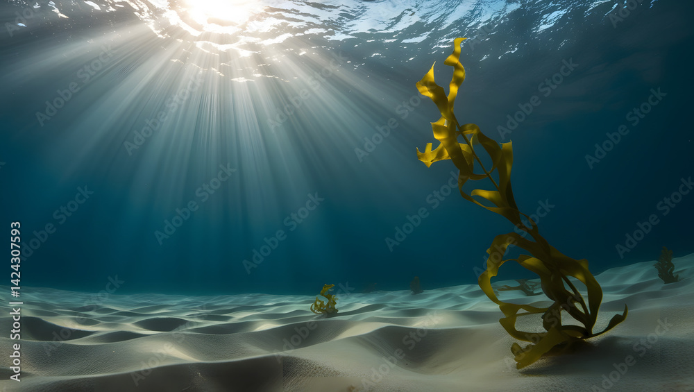 a breathtakingly lit, cinematic photograph of an underwater scene, set against a deep, rich blue sea, illuminated by soft, diffused light rays that pierce through the water's surface, casting an warm