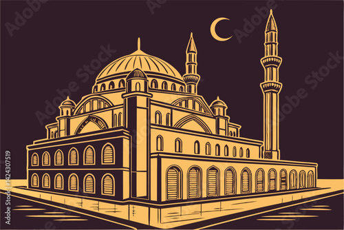 Grand Illuminated Mosque at Night Majestic Digital Islamic Illustration