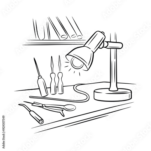 Black and white illustration of a glassblowing workbench with tools under a lamp in an artist studio