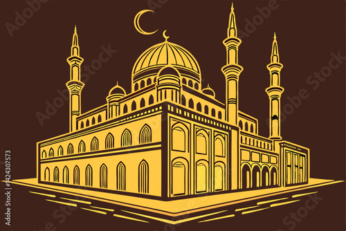 Grand Illuminated Mosque at Night Majestic Digital Islamic Illustration