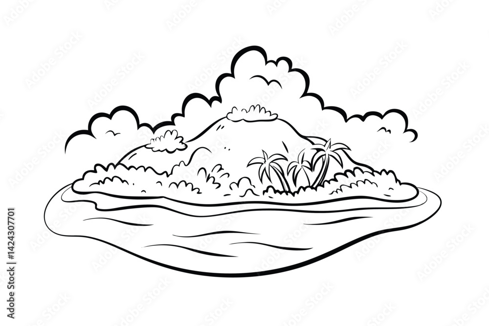 Tropical island outlined landscape illustration featuring mountain clouds and palm trees ideal for coloring books Tropical island outlined landscape illustration featuring mountain clouds and palm trees ideal for coloring books