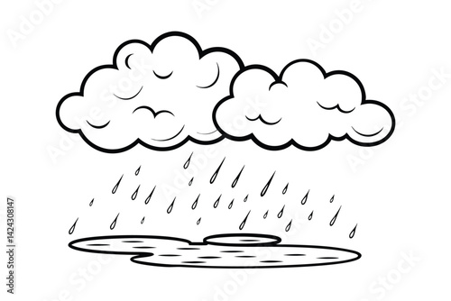 Cartoon black and white rainy clouds with raindrops falling into a puddle illustration