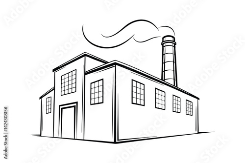 Monochrome factory building outline with smoke emitting from chimney industrial site for manufacturing