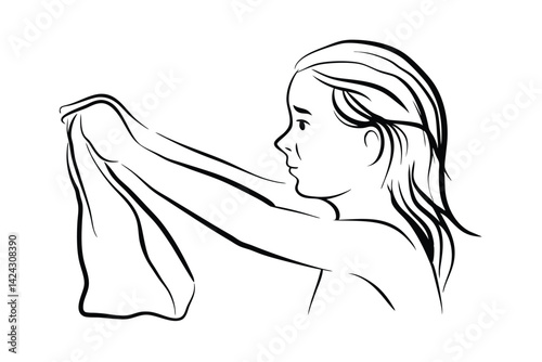 Line art illustration of a young girl drying her hair with a towel simple design