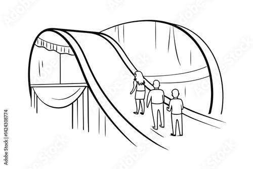 People ascending a covered bridge illustration black and white outline of architecture and individuals