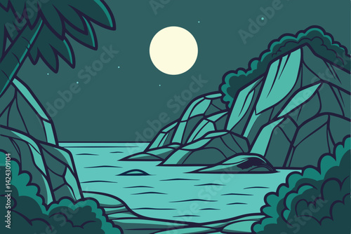 Full Moon Over Tranquil Water with Rocky Formations Peaceful Night Landscape