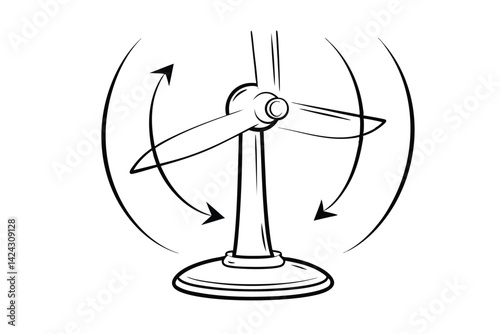 Illustration of a rotating electric fan with arrows displaying air movement in black and white