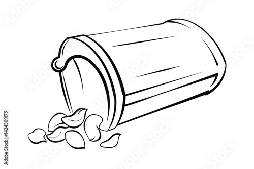 Black and white outline illustration of an overturned canister with spilled seeds or nuts