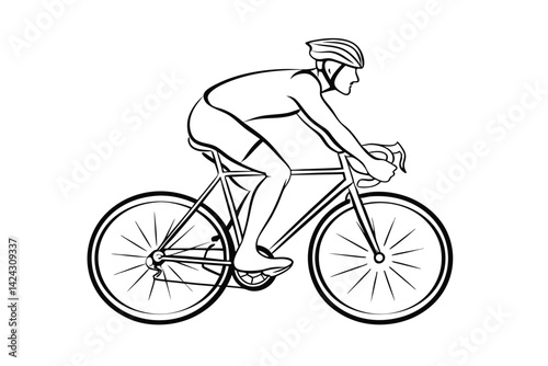 Minimalist line art illustration of a cyclist wearing helmet on road bike depicting sport and exercise