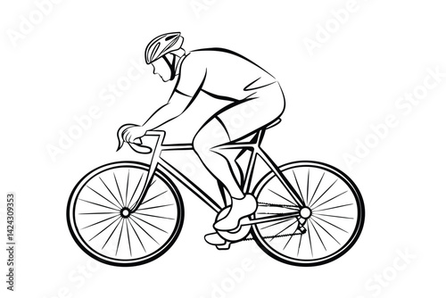 Black and white line art cyclist illustration of a man riding a bicycle with helmet