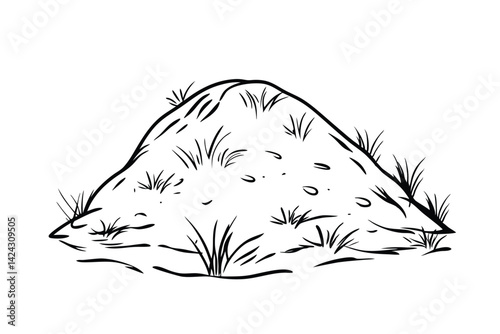 Hand drawn illustration of an anthill with grass in black and white simplistic style for design projects