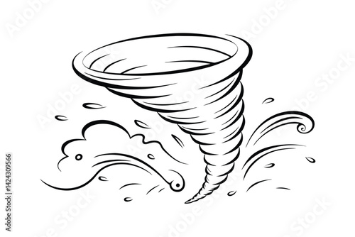 Line art tornado illustration depicting weather phenomenon with windswept debris and powerful vortex design element