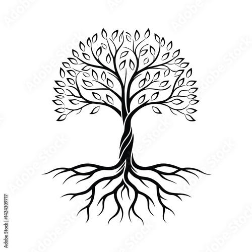 Tree of life illustration with detailed roots branches and leaves in black and white symbolizing growth and connection