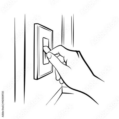 Hand switching on or off a light switch black and white line art style vector illustration