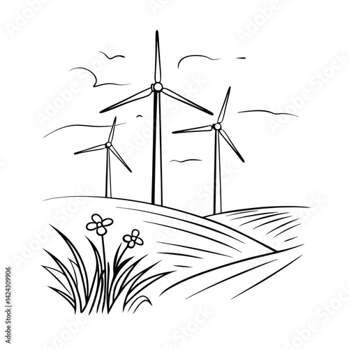 Line art of wind turbines on a field with flowers against a cloudy sky renewable energy concept
