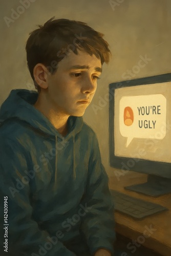 Sad teenager reading hurtful message on computer screen, cyberbullying leading to depression