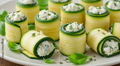 Artistic zucchini rolls filled with creamy cheese and fresh herbs on a plate