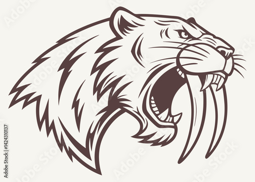 Ferocious saber toothed tiger head with open mouth vector illustration