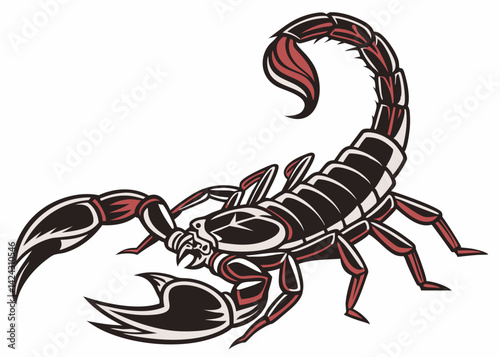 Stylized scorpion vector illustration with strong claws and red accents on white