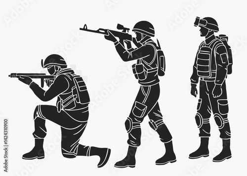 Military soldiers vector silhouette set armed forces combat units in action