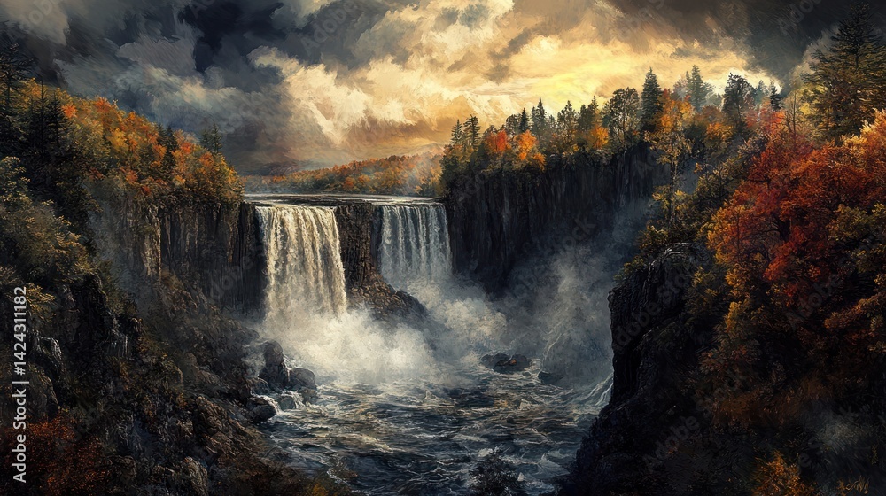 Fototapeta premium Autumn Waterfall Landscape Dramatic sunset over cascading falls, autumn foliage, rocky cliffs. Use Wallpaper, travel