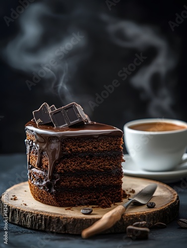 Chocolate cake and hot coffee under soft light