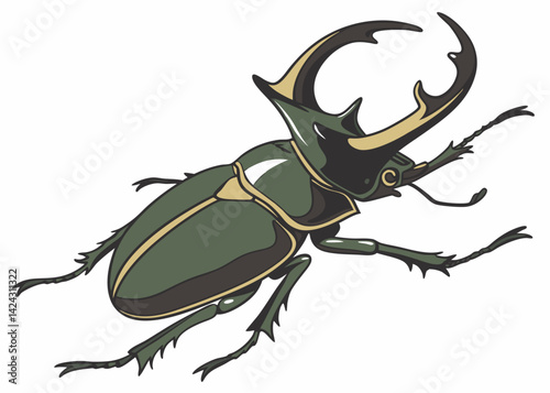 Stag beetle illustration with detailed horns and segmented body on white background
