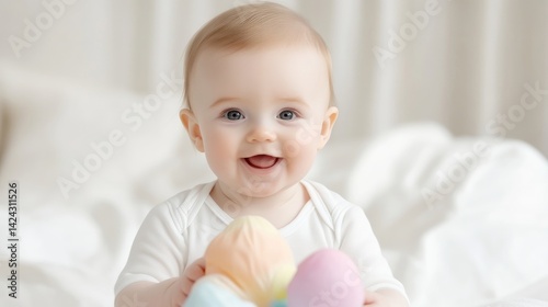 Smiling Baby Pastel Eggs Soft Gentle Style High Resolution Close-up Shot Sweet Expressions Joyful Mood White Bedding Soft Focus Pastel Tones Ideal for Baby Product Ads photo